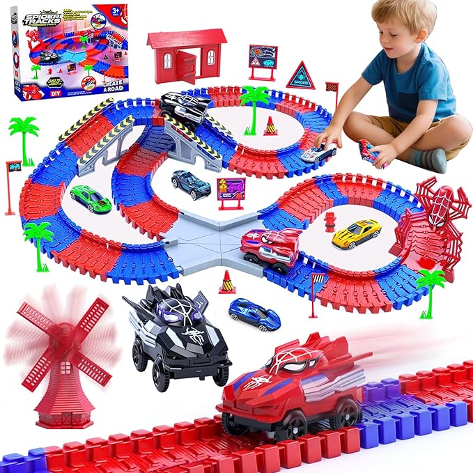 Spider Toys for Kids, 221 PCS Boys Spider Race Track with 6 Alloy Cars Toys, DIY Monster Truck Flexible Tracks for 3 4 5 6 Year Old Toddler Birthday Party Favor Gift