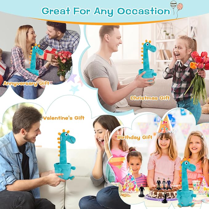 Dancing Talking Giraffe Toy, Stuffed Animal Baby Toy Repeating What You Say, Glowing Musical Giraffe Gifts for Toddlers 1-3 Years Old, for Kids (Dancing Dinosaur)