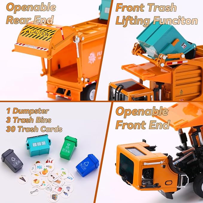 FUBARBAR Truck Toy Model – 1:43 Diecast Metal Garbage Recycling Waste Transport Truck with Trash Bin, Pull Back Model Car Toy for Kids 4-6 Age Boys Birthday Gift (Orange)