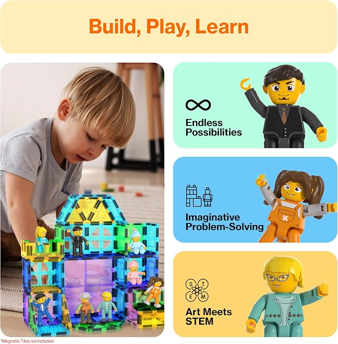 PicassoTiles 8 Piece Magnetic Action Figures Family Character Set Compatible with Magnet Tile Building Blocks STEM Educational Toy for Kids Pretend Play Construction Expansion Pack Creative Play PTA11