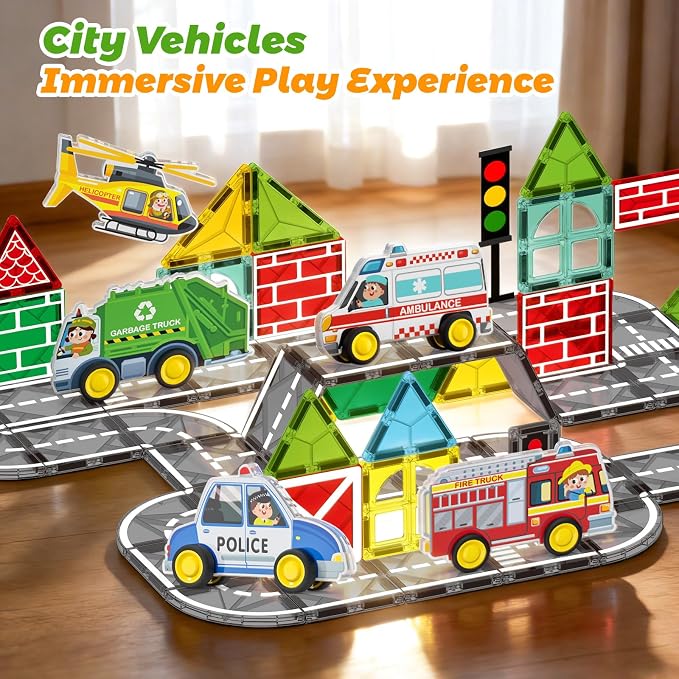 Toys City Cars Road Set for Magnetic Tiles, 5pcs Urban Traffic Preschool Educational Learning Toys for Kids Age 3-7, 3D Rescue Car Compatible with Magnet Tiles & Blocks