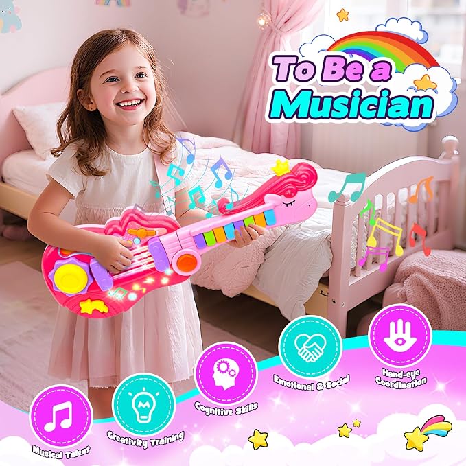 Kids Guitar Toy for 3 Year Old Girl Gift 2-in-1 Electric Guitars with Piano Mode for Toddlers Light Up Music Toys for 3 4 5 Year Old Girls Boys Gifts