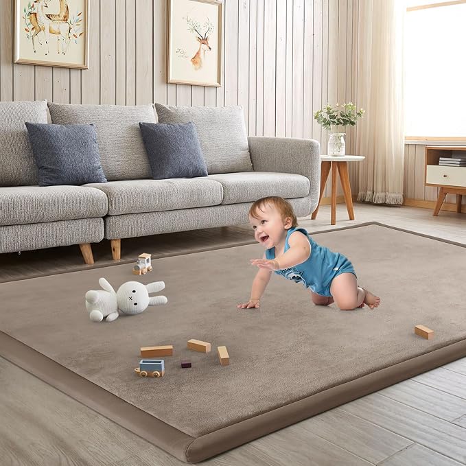 Baby Play Mat for Floor Nursery Rug Muscle Mat Area Rug Playroom Rug 79"x118" Playpen Mat Elastic Foam 1.3" Thick Crawling Mat for Babies,Toddlers, Infants, Kids,Camel