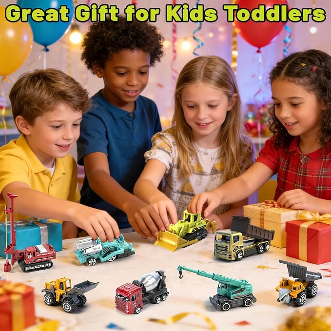 12 Pack Diecast Construction Toys, Mini Colorful Alloy Model Excavator Toy Construction Truck Toys for 3 4 5 6 7 8 Year Old Kids Toddlers, Toy Cars for Kids Birthday Cake Decorations Party Favors