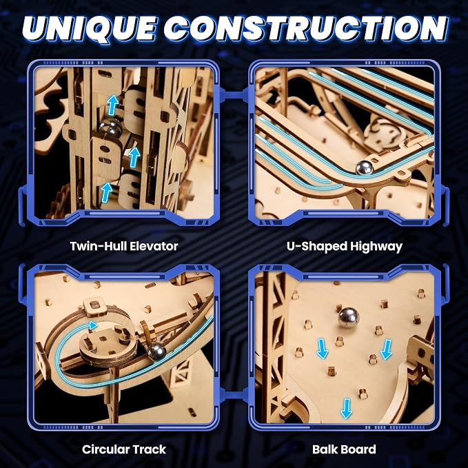 3D Wooden Puzzles for Adults: 371pcs Wood Mechanical Marble Run Model Kits with Roller Coaster Building Set for Adults - 3D Brian Teaser Desk Toys Wooden Puzzles for Men Women Hobbies Gifts