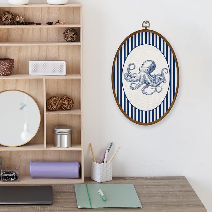 WULQYING Coastal Beach Octopus Wall Art Decor, Beach Nursery Oval Framed Canvas Art Prints, Blue Striped Ocean Octopus Wall Hanging Decor for Home Bedroom Kids Nursery Room, 8.6x11.4 Inches