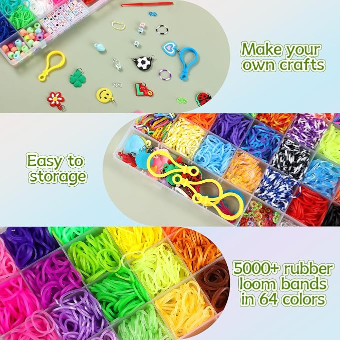 XKDOUS 64 Colors Rubber Band Bracelet Kit, Bracelet Making Kit for Art and Craft, Rubberband Bracelets Kit for Kids Ages 6+, Bands Kit Girls Boys Birthday Gift