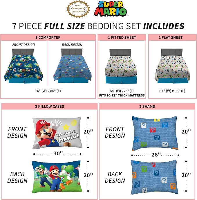 Super Mario Kids Bedding Set, Full Size 7 Piece Comforter and Sheet Set with Sham, (Officially Licensed Product) by Franco
