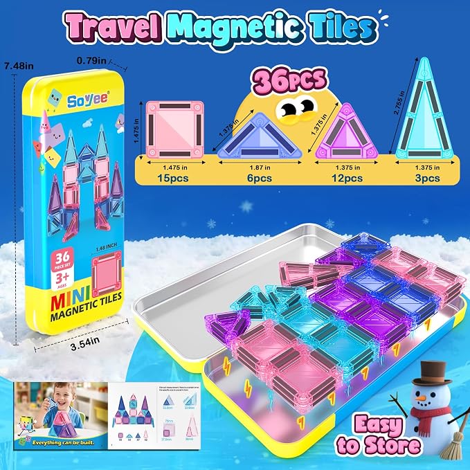 Soyee Mini Magnetic Tiles Kids Toys Travel Essential Games Magnet Building Blocks STEM Sensory Educational Toys for 3 4 5 6 7 8+ Year Old Boys Girls Christmas Birthday Gifts