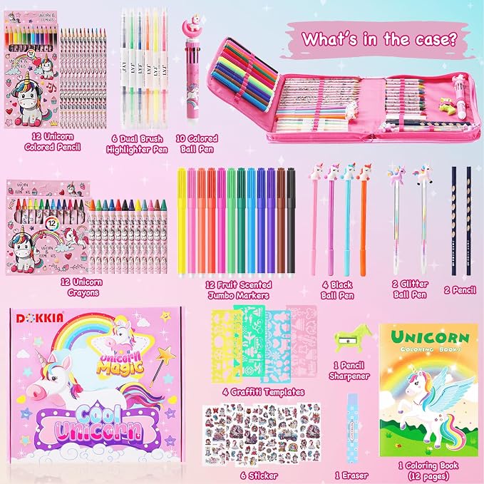 DOKKIA Fruit Scented Coloring Pens Markers Set 65 PCS Art Craft Drawing Case - Washable Kits Pencil,Gel Pen,Crayon&Coloring Book Supplies Unicorn Rainbow Pink