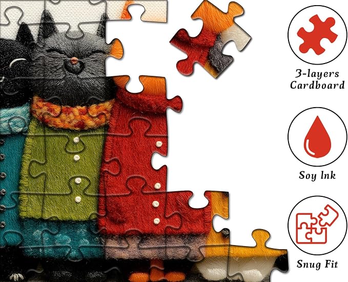 Cat Puzzle for Adults,Cozy Cat Art Jigsaw Puzzle 1000 Pieces, Cute Colorful Kitten Puzzles Embroidery Style, Funny Whimsical Cat Puzzle Kitty Challenge