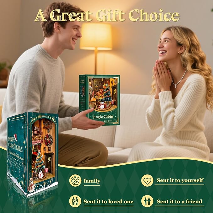 Christmas Book Nook Kit with LED Light - DIY 3D Puzzles Miniature House Kit Rotating Decorative Dollhouse Book Nooks for Adults Teens Gift - Jingle Cabin (SQ-34)