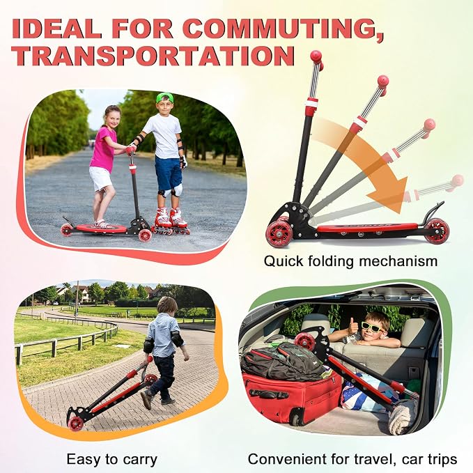 Scooter for Kids 3-5 5-7,Light up 3 Wheels Kick Scooter,Heavy Duty Folding Lean-to-Steer Scooters with 3 Adjustable Handlebar for Boys Girls,Widen Anti-Slip Deck,Rear Break,Holds up to 150Lbs