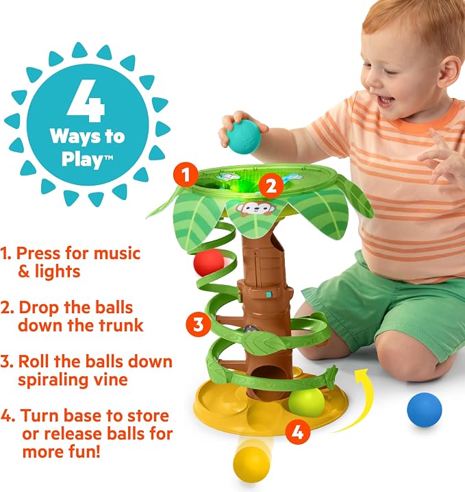 Bright Starts Tropical Twirl Ball Play Toy with Lights & Music, 5 Balls Included, Unisex, 6 Months+