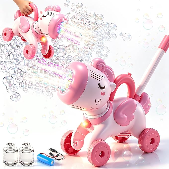 Bubble Machine for 2 3 4 5 6 Year Old Toddler Girl, Portable Unicorn Toys Bubble Maker, Bubble Lawn Mover Outdoor Toys W/Light, Birthday Gift for Toddler Girls Ages 2-4