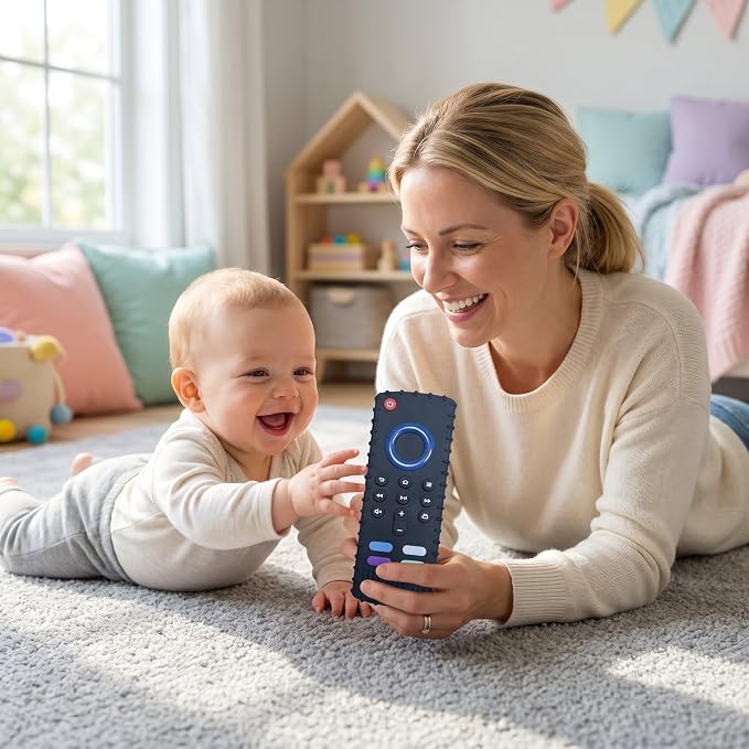 SOLIFEGOBLE Silicone TV Remote Teething Toy, BPA-Free Food Grade Teether for Babies 6-24 Months, Soft Chew Toy with Textured Buttons, Teething Relief & Sensory Play Black