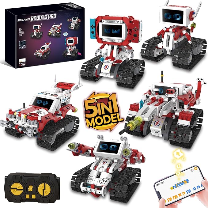 5 in 1 Robot Building Blocks Set, APP & Remote Control Programmable STEM Toy with Dynamic LED Eyes, Articulated Head & Arms, Educational Building Blocks Gift for Boys Girls 8-16, 358PCS