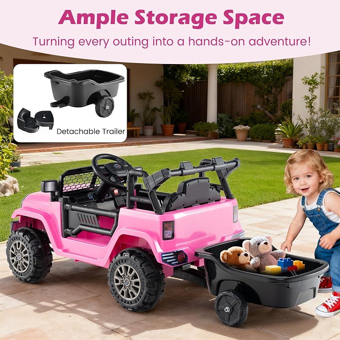 Costzon Ride on Car with Detachable Trailer, 12V Battery Powered Ride on Truck with Parent Remote Control, Light & Music, Electric Vehicle Kids Car Toy for Boys & Girls (Pink)