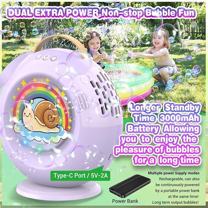 Rechargeable Bubble Machine - 15000+ Bubbles/min - 90°/360° Rotatable LED Blower for Kids Parties (Twilight Purple)