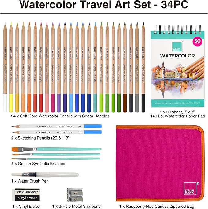 COLOUR BLOCK Watercolor Pencil Travel Art Set I 34pc Professional Drawing Kit, 50Sheets Drawing Pad, Paint Brushes I Vibrant Pigments for Coloring, Blending