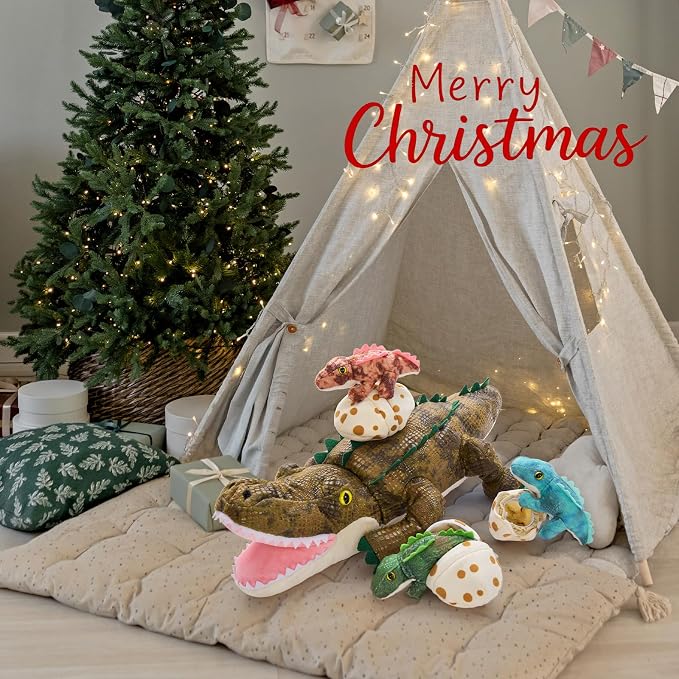MorisMos Plush Alligator Stuffed Animal with Babies, 23.6'' Mommy Stuffed Alligator with 3 Baby Crocodile Animals & 3 Plush Eggs, Lifelike Crocodile Toys for Kid 3-5 Birthday Decor