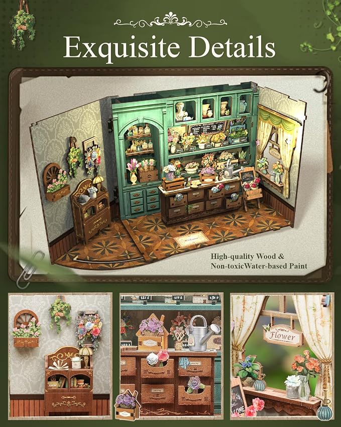 Cutefun Book Nook Kit - DIY Miniature Flower Shop Booknook Kits for Adults and Teens, 3D Wooden Puzzle Bookend Bookshelf with LED Light, Creative Crafts Gifts for Book Lovers (Blossom Florists)