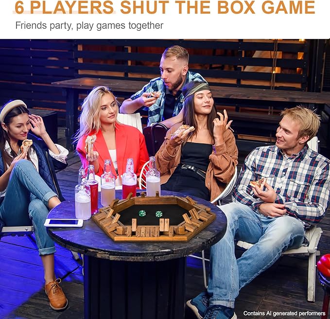 BIVOMON 1-6 Players Shut The Box Dice Game, Wooden Board Table Math Game for Kids Adult with 24 Dice, Close The Box Game for Family, Party, Christmas, Birthday