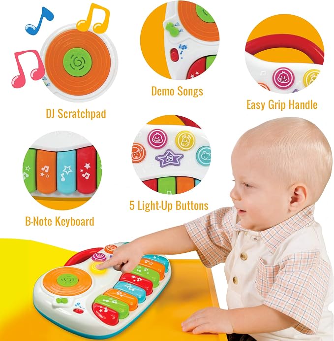 Musical Piano Toy for 1-3 Year Old Toddlers, 8-Key Rainbow Keyboard with DJ Turntable Scratchpad, 5 Light-Up Animal Buttons, Demo Songs, Volume Control and Carry Handle, Boys Girls Gift