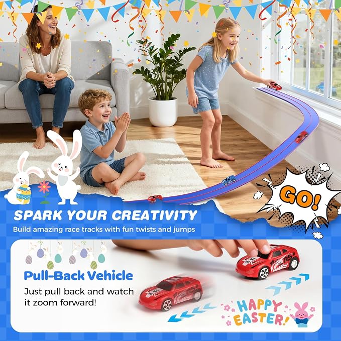15 Ft Flexible Race Track for Kids, DIY Car Track Set with 2 Toy Cars & 3 Suction Cup Ramps, Easter Basket Stuffers for Teens & Boys Girls, Creative Easter Gifts for Kids, Blue