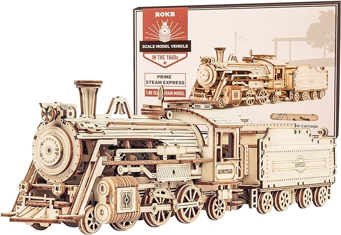 ROKR 3D Wooden Puzzle for Adults-Mechanical Train Model Kits-Brain Teaser Puzzles-Vehicle Building Kits-Unique Gift for Teens on Birthday/Christmas Day(1:80 Scale)(MC501-Prime Steam Express)