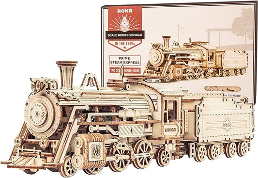 ROKR 3D Wooden Puzzle for Adults-Mechanical Train Model Kits-Brain Teaser Puzzles-Vehicle Building Kits-Unique Gift for Teens on Birthday/Christmas Day(1:80 Scale)(MC501-Prime Steam Express)