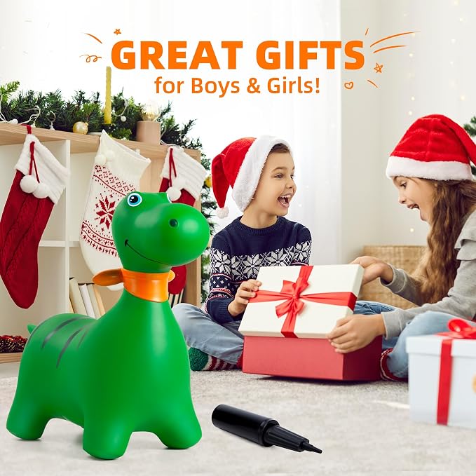 Bouncy Dinosaur Hopper Horse for Toddlers, Bouncy Animals Hopping Jumping Toys, Ride on Toys Indoor Outdoor Inflatable Birthday Gifts for Girls Boys 18 Months 2 3 4 5 6 Year Old, Green