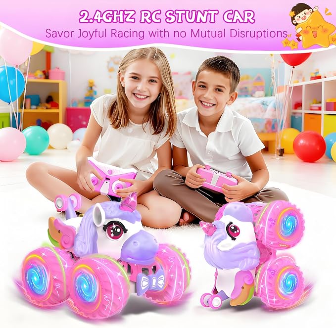 Remote Control Car for Girls, Unicorn Toys for Girls Age 3+ | 360° Rotating 4WD 2.4 GHz RC Stunt Cars with Light and Music, Unicorn Birthday Gifts Presents for 3 4-6 6-8
