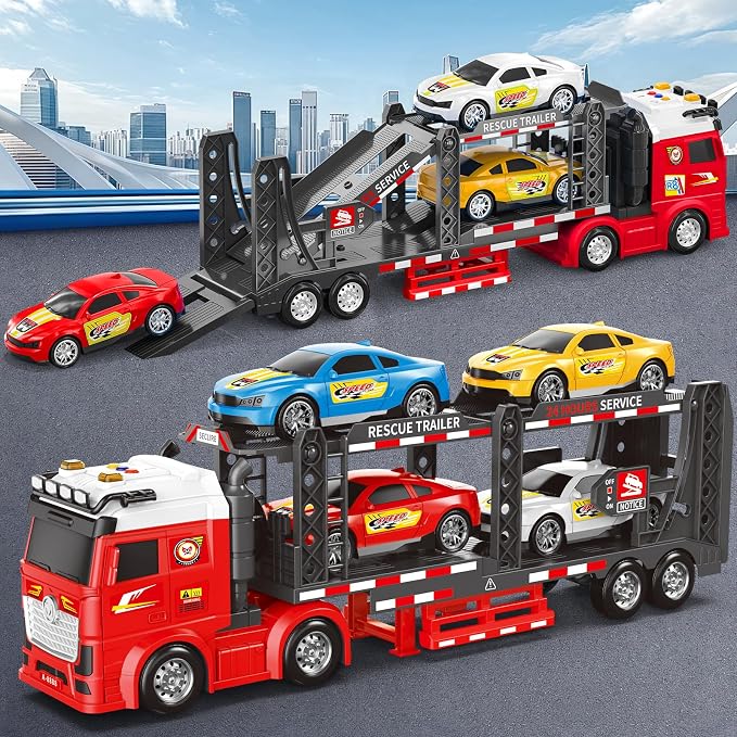 BainGesk Truck Toys Car for 3, 4, 5, 6, 8 Years Old Boys Girls, Adjustable Double Decker Car Carrier Truck with Light & Sound, Car Hauler with Trailer Toy, Large Semi Transport Toy Gifts for Toddler