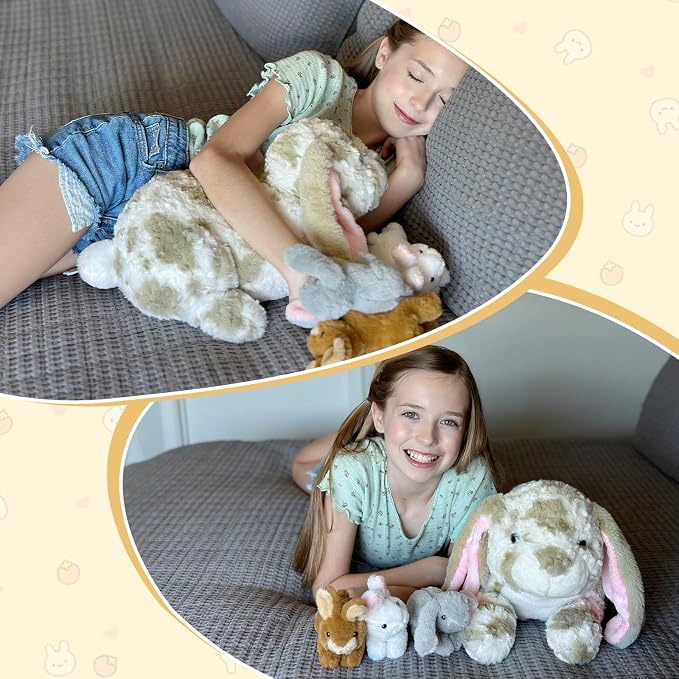 MaoGoLan 4pcs Gray Spotted Lop Eared Rabbit Bunny Stuffed Animal Plush, 17.5" Large Mommy Stuffd Rabbit Plush with 3 Bunny Babies, Cute Soft Stuffed Animal Toy Gift for Girls Boys Kids