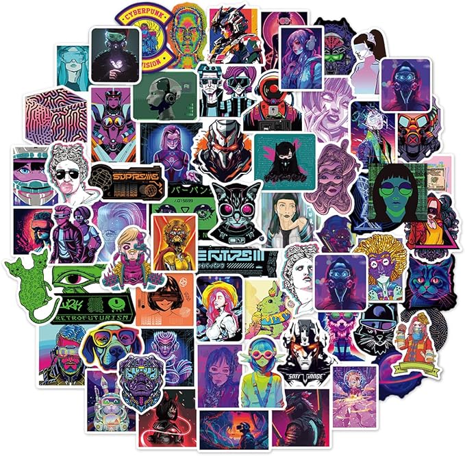QTL Cyberpunk Stickers for Teens Adults, Vaporwave Party Supplies, Waterproof Vinyl Stickers for Laptop and Water Bottles, 75PCS