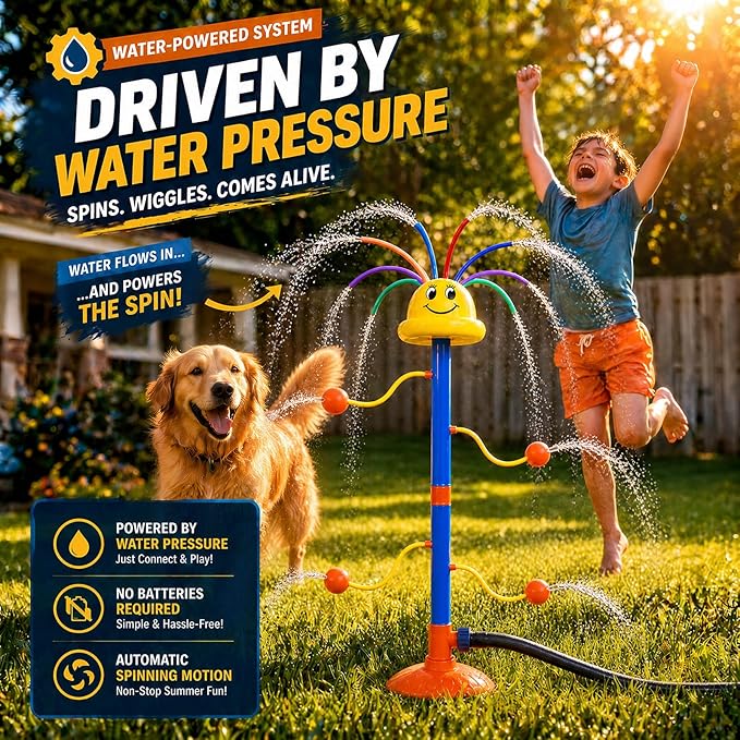 Water Sprinkler for Kids Ages 3-8, Smile Face Rainbow Outdoor Water Toy with 8 Wiggle Tubes and 4 Side Nozzles, Dancing Backyard Lawn Splash Game, Summer Yard Gift for Boys Girls