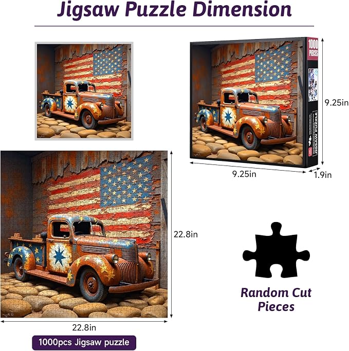 Vintage Truck Jigsaw Puzzle - Large 1000pcs Puzzle for Adults, Rustic American Flag Design, DIY Home Decor & Brain Teaser Game, for Holidays & Family Fun, Vintage Truck Theme