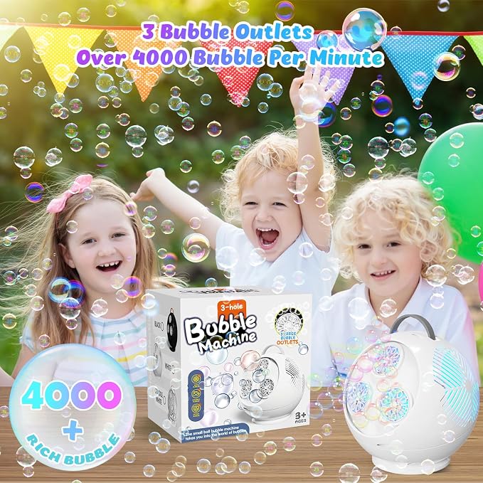 IFLOVE Bubble Machine for Kids 3+-45°/360° Rotating Bubble Blower with RGB LED Light,30000+ Bubbles Per Minute,Automatic Portable Bubble Maker for Boys Girls,Outdoor Party Easter Birthday Gift (White)