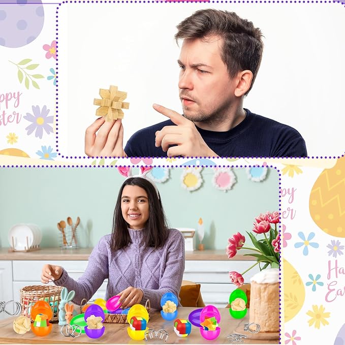 48 Pcs Prefilled Easter Eggs with Mini Brain Teaser Puzzles Metal Buckle Metal Puzzles Plastic 3D Puzzle Game forEgg Hunts Party Favors Easter Basket Stuffers