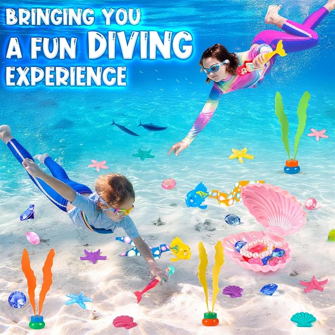 HUUIDY Pool Toys, 31Pcs Mermaid Toys Diving Toys with Shell Treasure Chests and Storage Bag, Swimming Pool Games Summer Water Toy Gift Set for Kids Toddlers Girls Boys