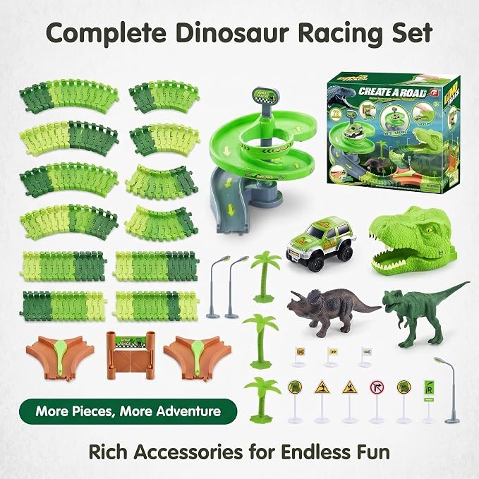 Dinosaur Race Track Toys for Boys 3-5, Spiral Car Track Set with Dinosaur Adventure Scene, Flexible Race Track Playset for Boys Age 4-7 Birthday Gifts