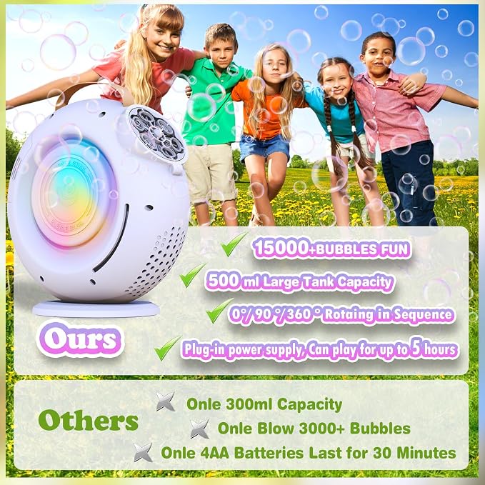 Automatic Bubble Machine for Kids & Toddlers, Rechargeable 15000+ Bubbles Per Minute with 90°/360° Rotation & LED Light - Bubble Blower for Birthday Wedding Outdoor Party Gifts