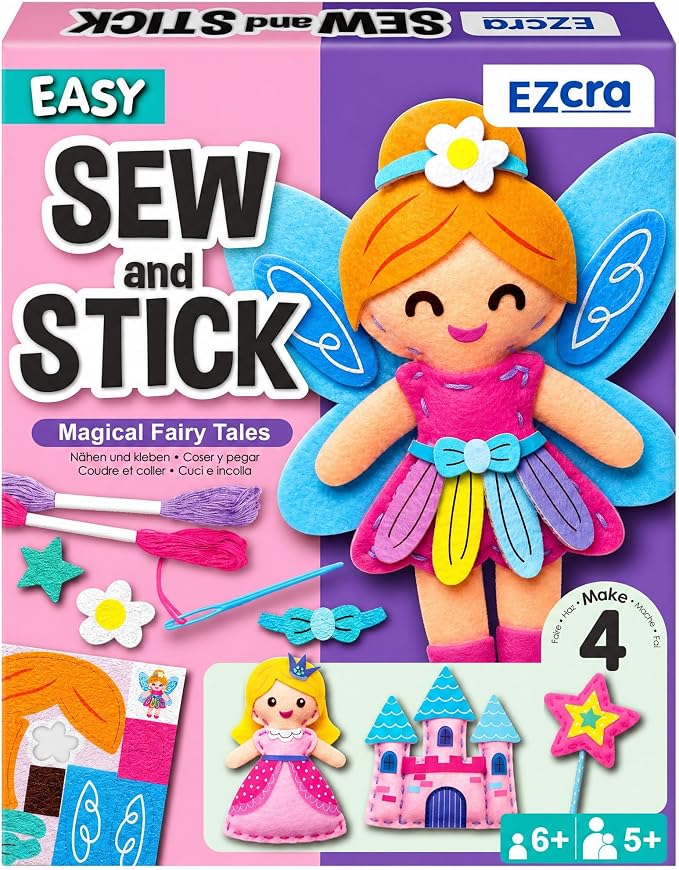 EZCRA Fairy Sewing Kit for Kids Ages 4-8 - 4 Beginner Kids Sewing Crafts Projects - No-Mess Arts & Crafts for Girls - Gift for Kids with Felt Stickers