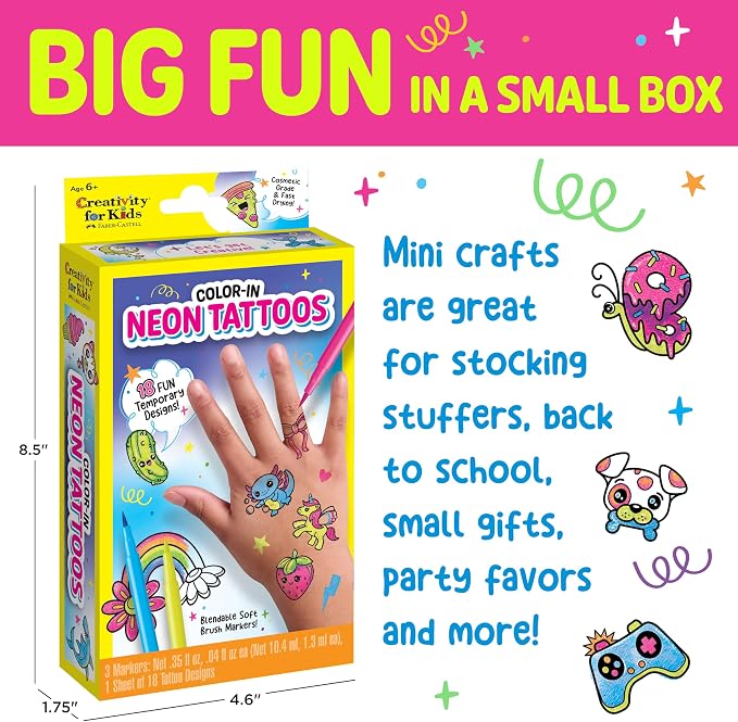 Creativity for Kids Color-In Neon Tattoos Mini Kit | Customize 18 Trendy Designs with Temporary Tattoo Markers | DIY Craft Kit for Kids | Great Activities for Summer (Ages 6+)