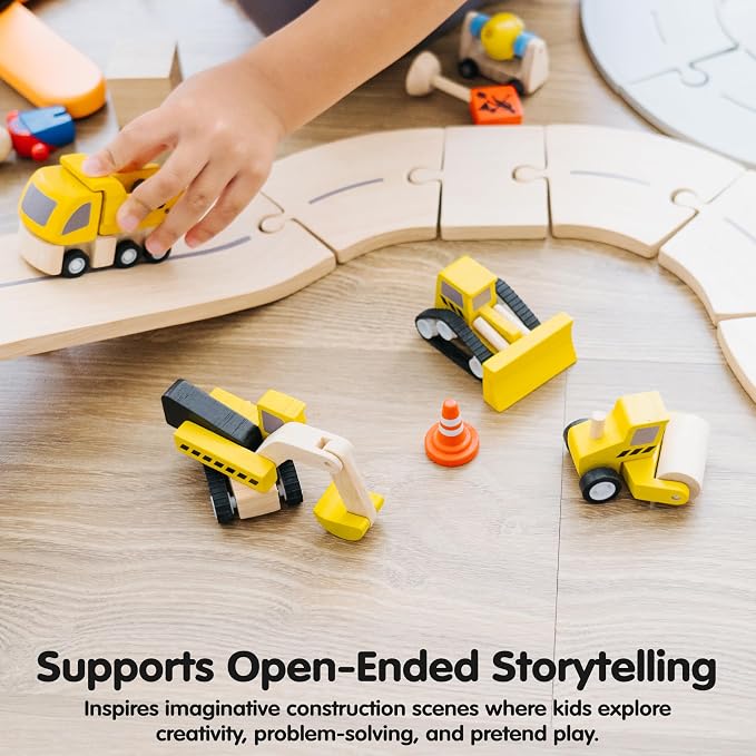 PlanToys® Road Construction Set Wooden Montessori Imaginative and Fine Motor Play Toy | Coordination, Creativity and Social Skill Building Activity | Eco Friendly Vehicle Set for Open Ended Play