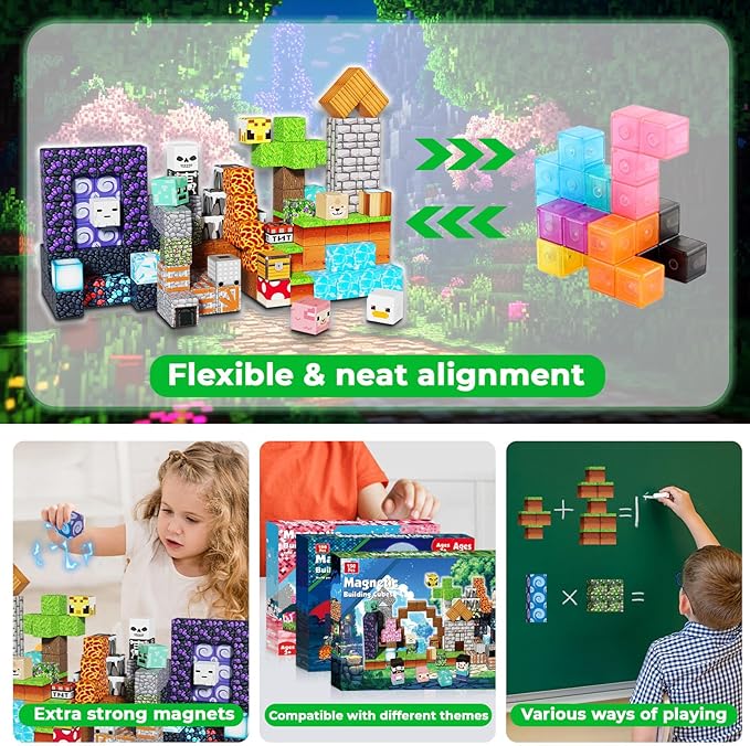 Magneverse 150 PCS 0.8in Magnetic Blocks - Magnet Toys, Magnetic Building Blocks Cubes, Stacking Magnets, School STEM Toys Birthday Gifts for Boys and Girls Age 3+ Years Old (Theme: Adventure World)