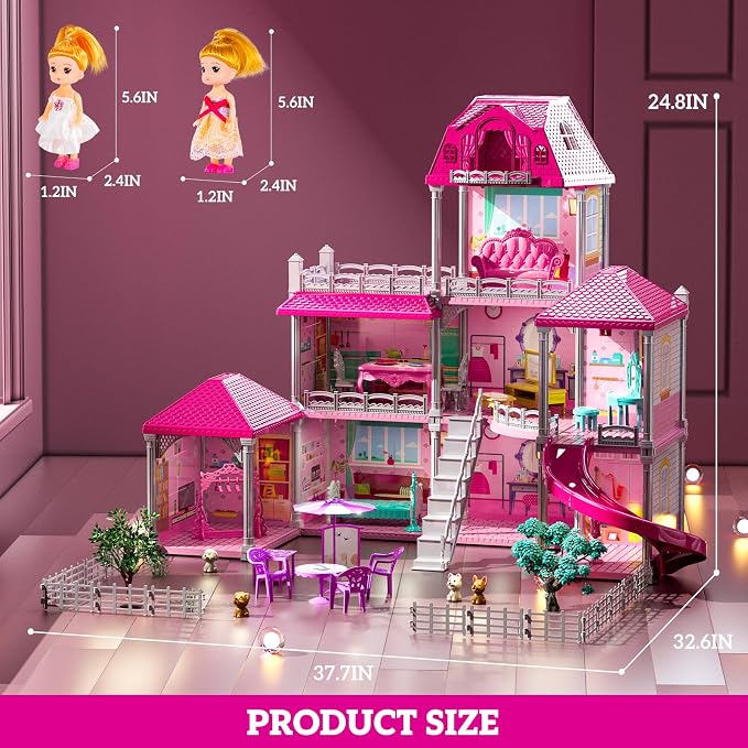 JUKUDAHU Villa Playset for Girls Ages 3-7, 3-Story 8 Room House with 2 Dolls, Furniture and Accessories, Indoor Playset Girls Toys for Ages 6-8, Pretend Toddler Toy, Birthday Gifts for Kids 4-8