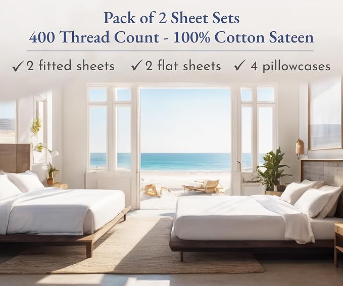 California Design Den Pack of 2 King Size Sheet Sets - 400 Thread Count 100% Cotton Sateen - Soft and Breathable Sheets, 2 Sets of Deep Pocket Bed Sheets - Indigo Dusty Blue