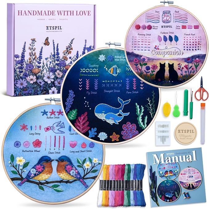 ETSPIL Beginner Embroidery Kit for Adults, Full-Color Print, 4K Video | Pre-Printed, Skip Filling. Bound Stitch Book, Step Manual. Needle Minder, Storage Tube. Weekend Project, Gift for Women